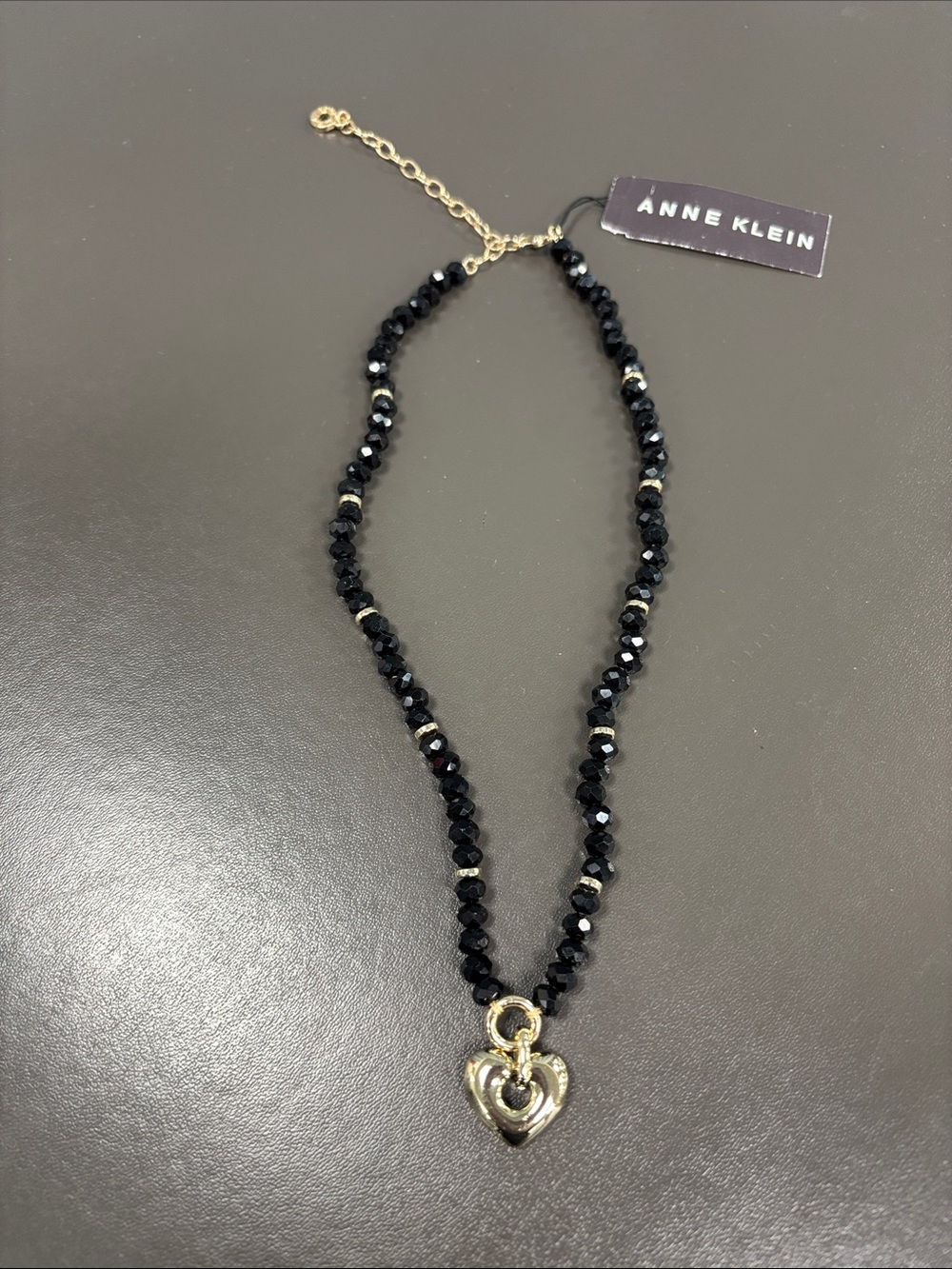 Anne Klein Black Beaded Necklace with Gold Heart Pendant